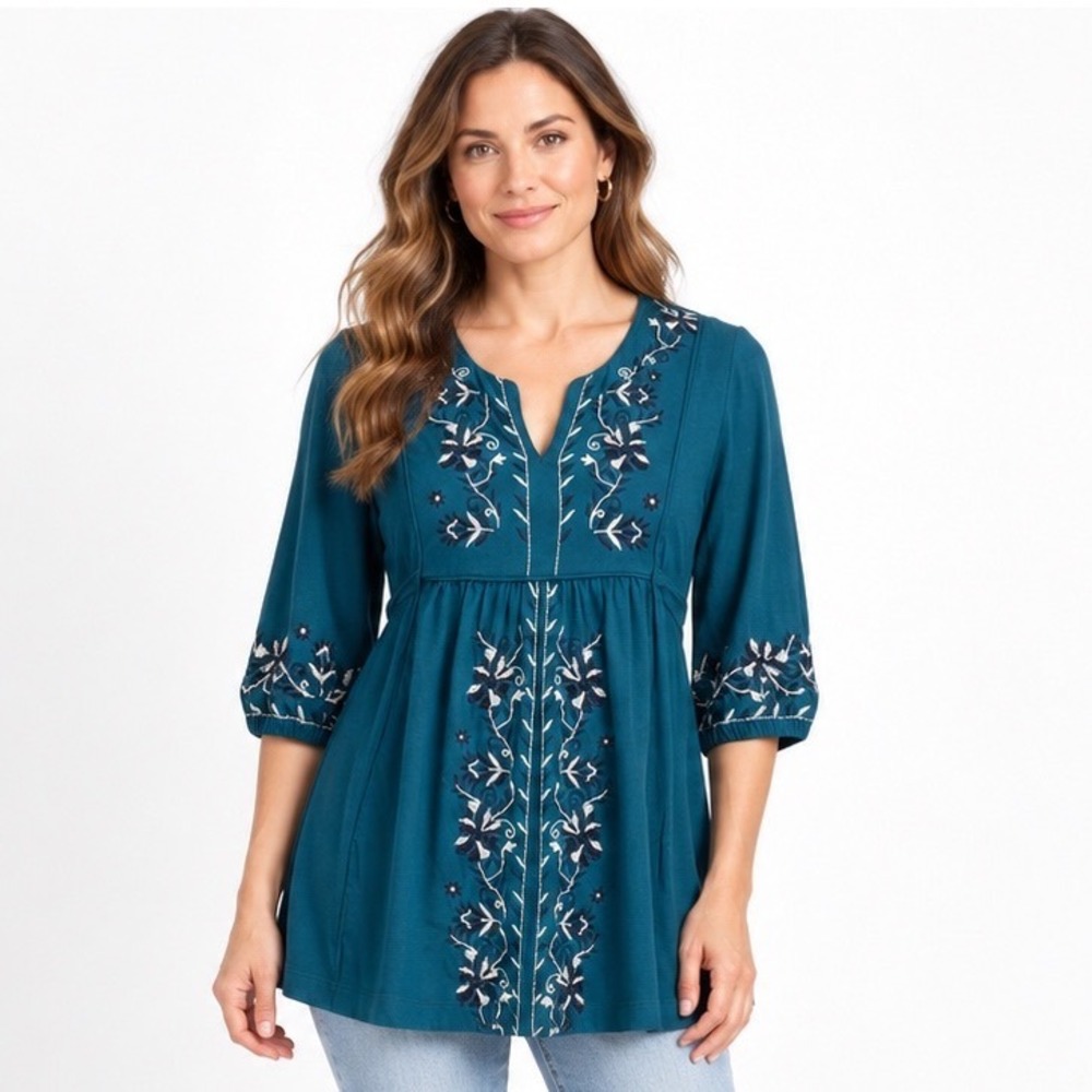 a.n.a Tunic Top PM Teal Embroidered Floral Empire Waist Back Tie 3/4 Sleeve